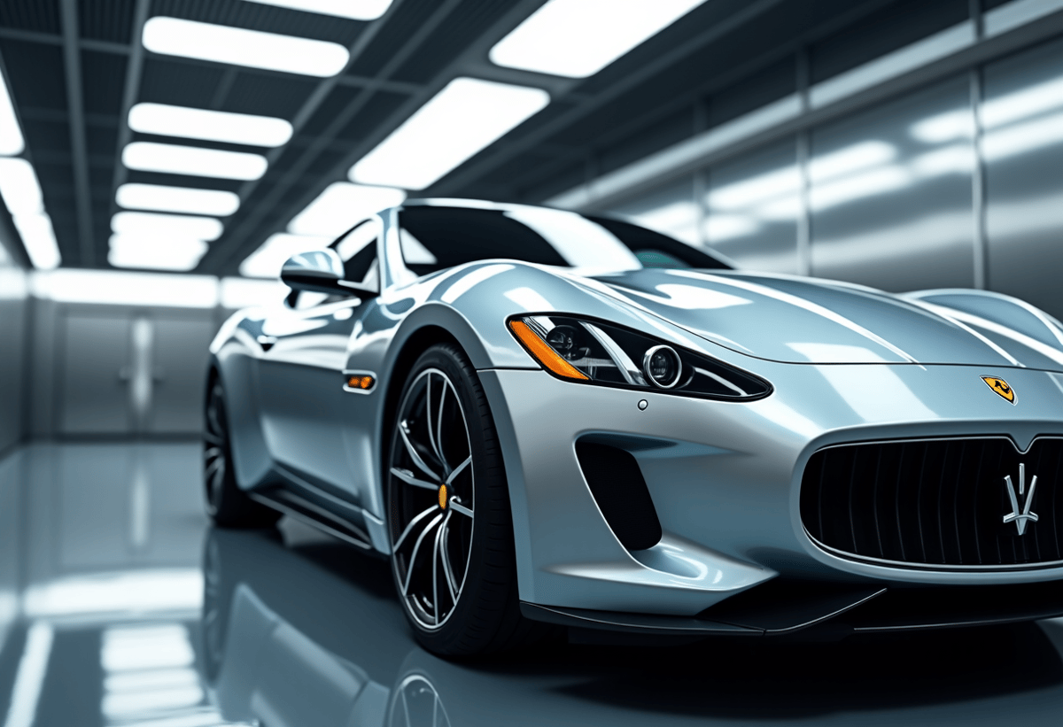 luxury car being detailed in clean garage with protective film installation