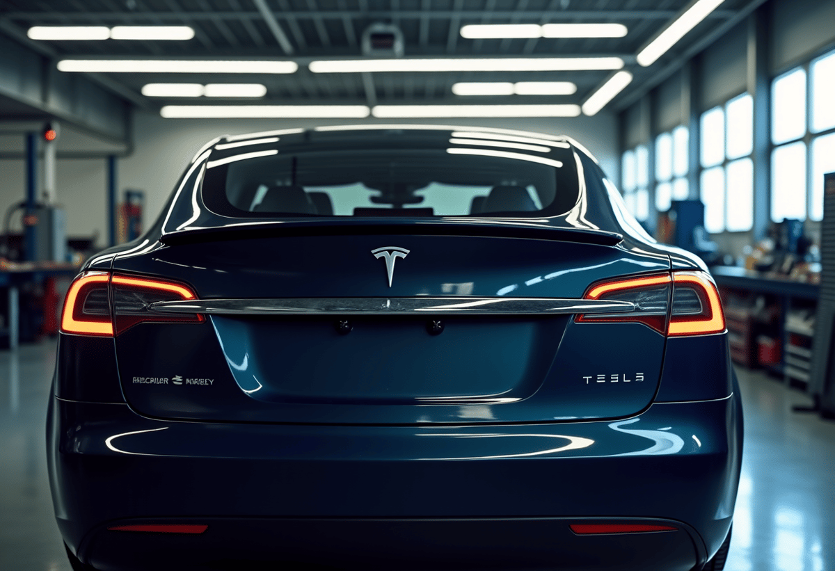 tesla model s receiving xpel paint protection film installation in modern auto shop