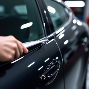 High-performance car window tinting installation in Autograff shop. Professional applying window film to a luxury car window, showing precision and detail in the process, ensuring a perfect fit and finish.
