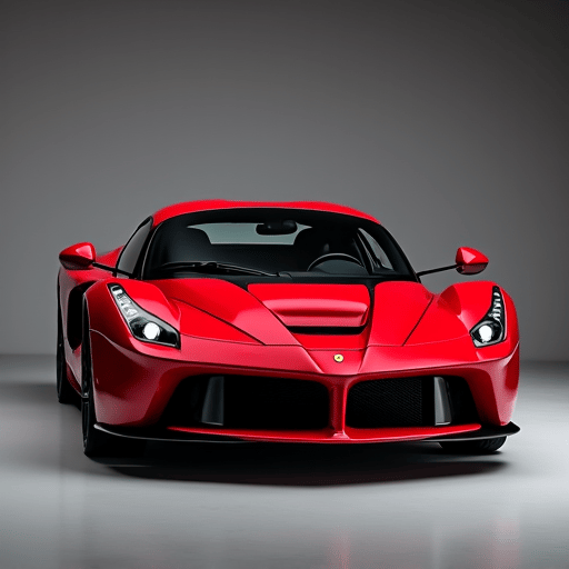 red luxury car front quarter profile with tinted windows parked on street sunny day