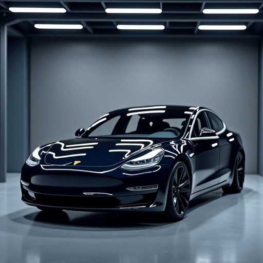 automotive detailer applying window tint film to car window in bay