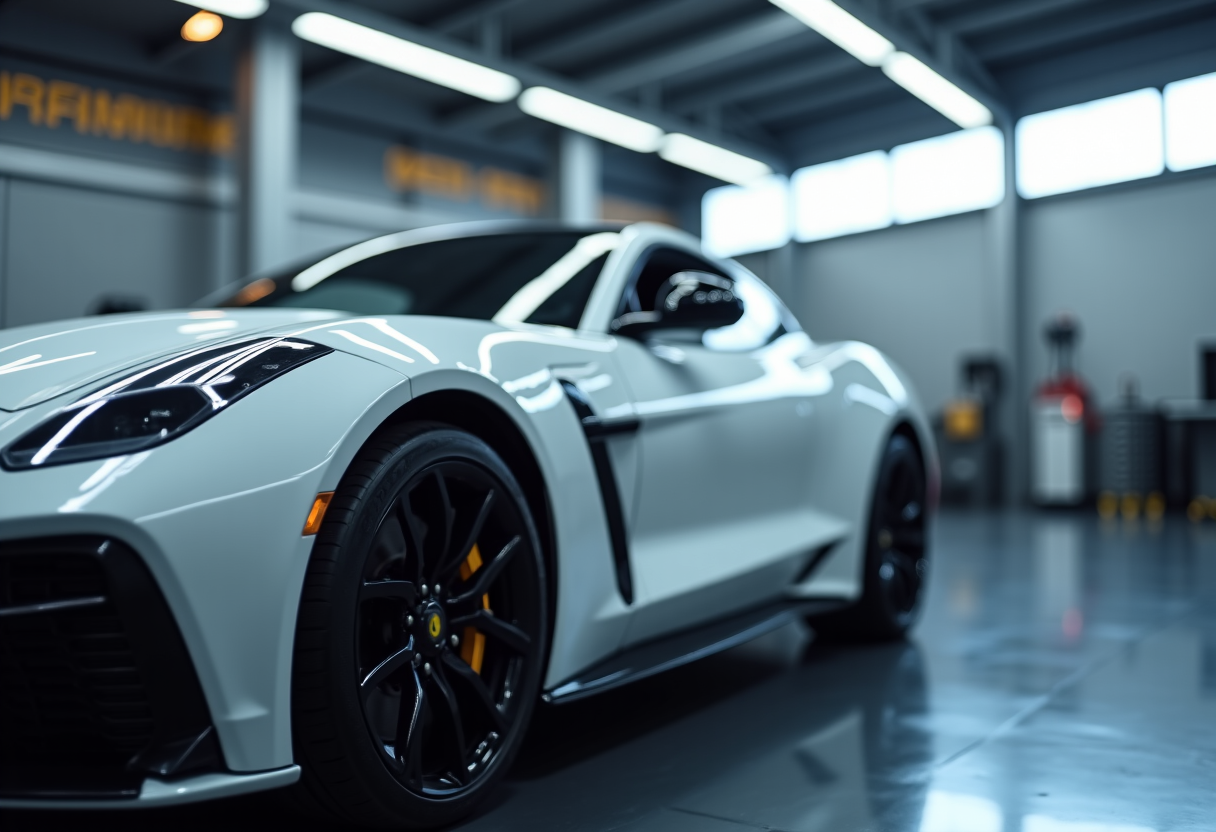 automotive detail shop interior with luxury vehicle being detailed