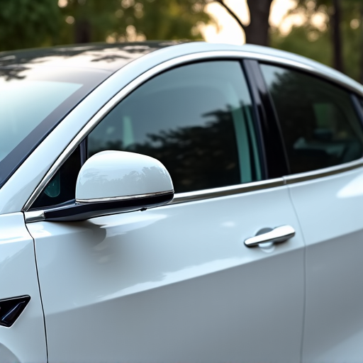 Electric vehicle receiving premium window tinting for enhanced energy efficiency and style at our Valencia location.