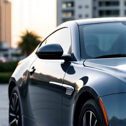 Sports car with front window ceramic tint installation at a Tarzana office park, providing glare reduction for drivers