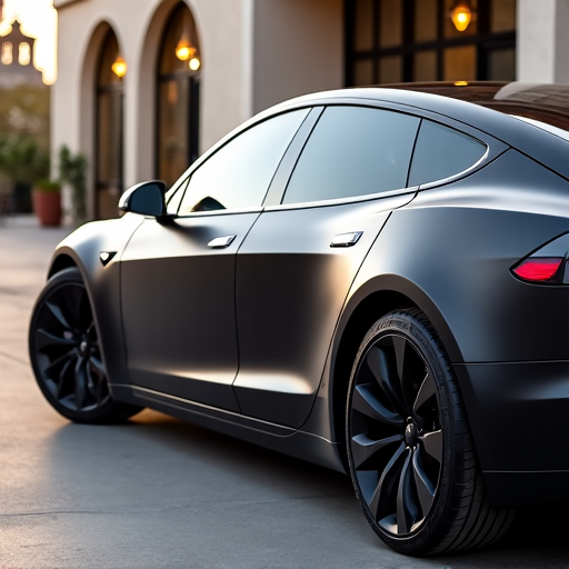 Tesla Model S with matte finish XPEL Stealth PPF applied in San Marino, offering full-body protection and a unique aesthetic transformation. The film protects against chips, scratches, and environmental damage.