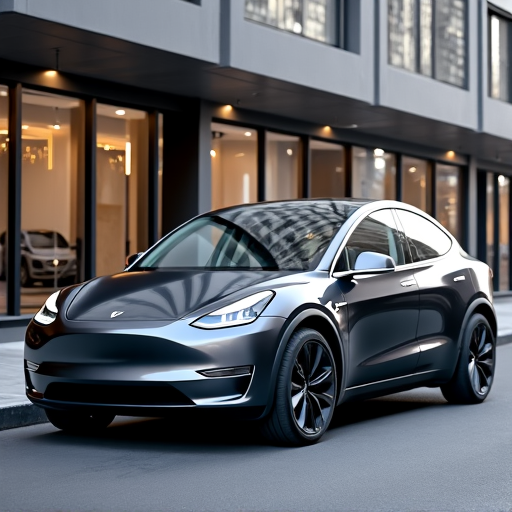 Tesla Model Y with freshly installed window tint, reflecting the scenery along Magic Mountain Parkway in Valencia.