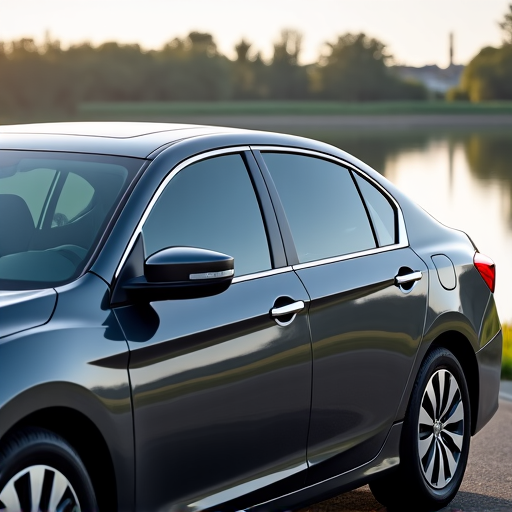 Newly tinted vehicle parked with Bridgeport Lake in Valencia in the background, highlighting the local beauty.