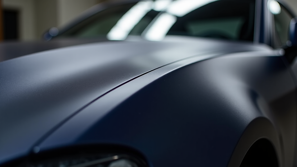 XPEL Stealth PPF applied to a luxury car hood at an automotive detail shop. High-quality paint protection film being installed on a high-end vehicle.